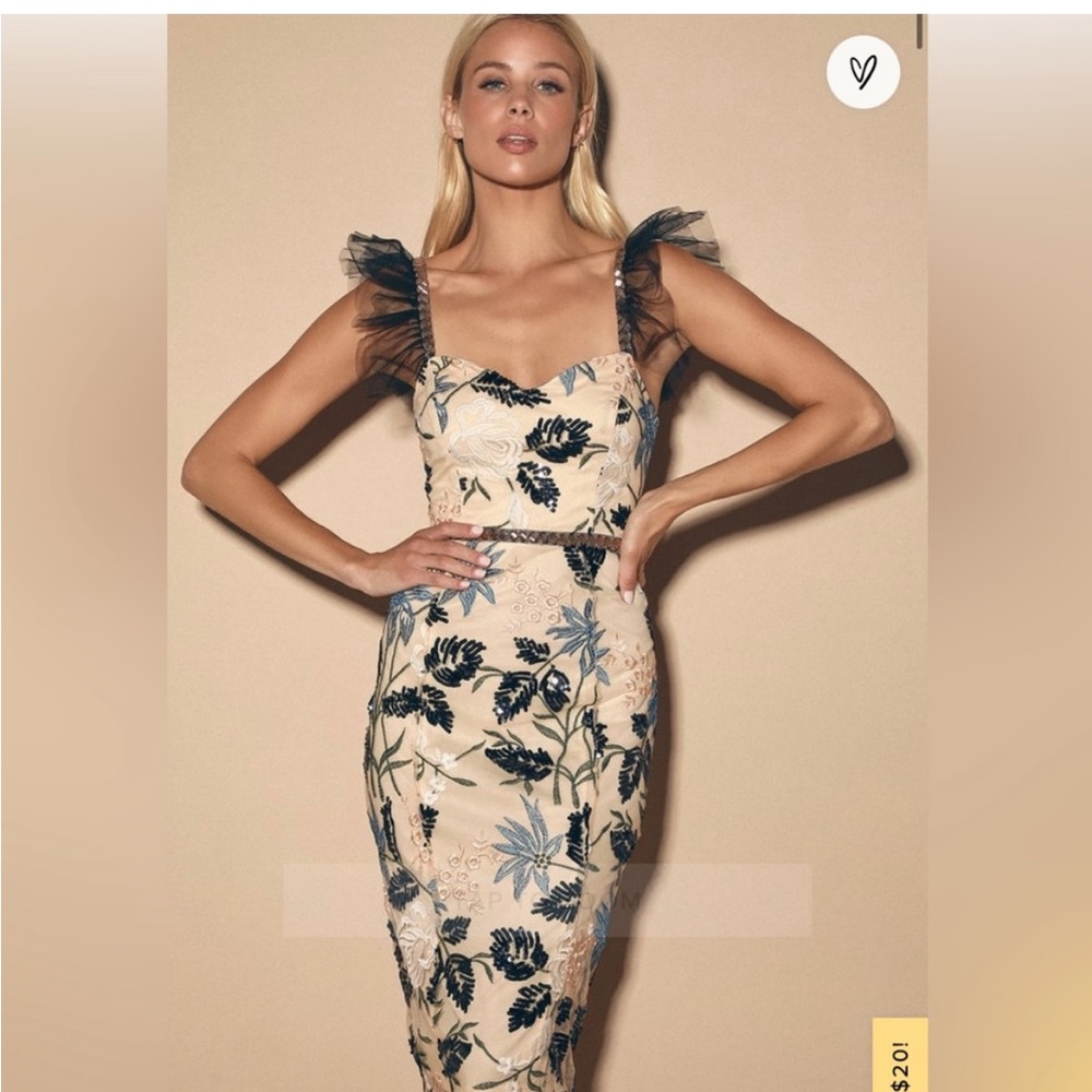 Lulu's  Show Stopper Cream Embroidered Sequin Bodycon Midi Dress Size S